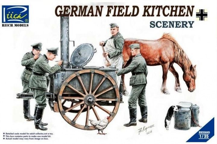 German Field Kitchen with Soldiers (cook & three German soldiers, food containers)