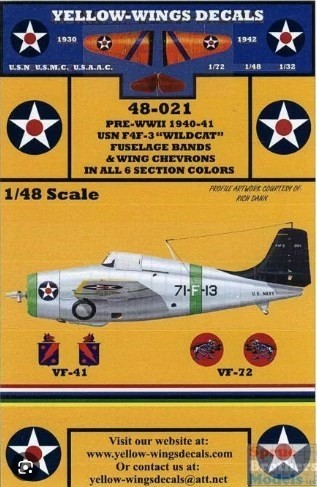 USN F4F-3 Wildcat Wing Chevrons & Fuselage Bands. Yellow-wings decals